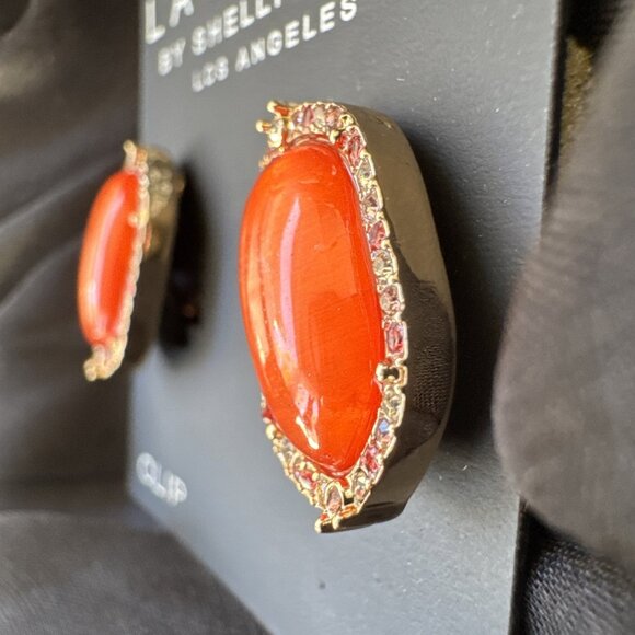 Laundry by Shelli Segal Orange Gold Oval Rhinestone Trim CLIP Earrings NWT - Picture 7 of 8